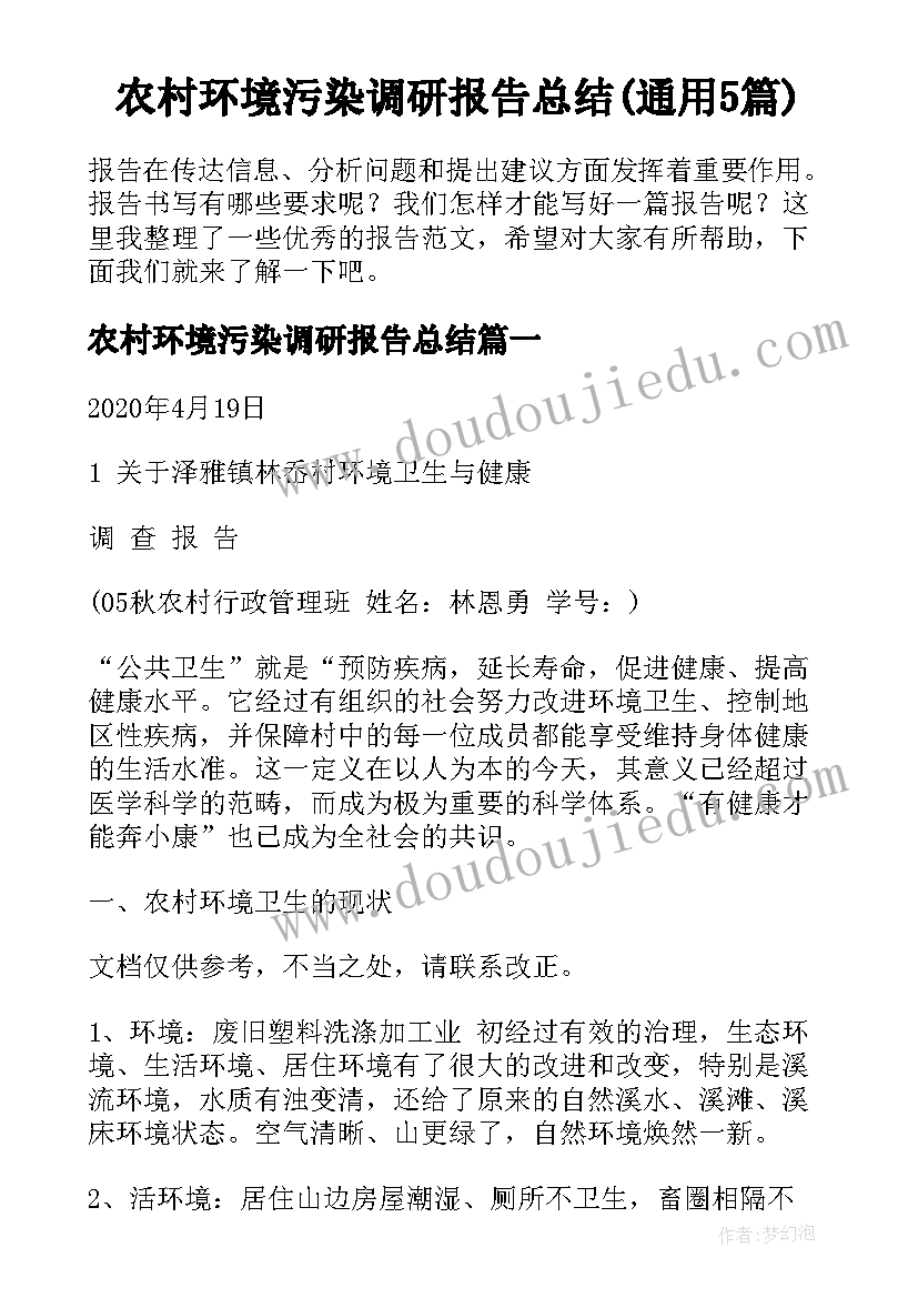 农村环境污染调研报告总结(通用5篇)