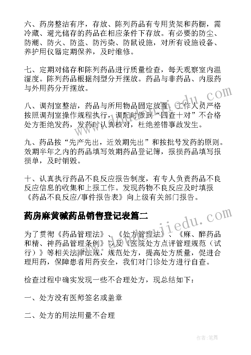 药房麻黄碱药品销售登记表 医院药房自查报告(实用7篇)