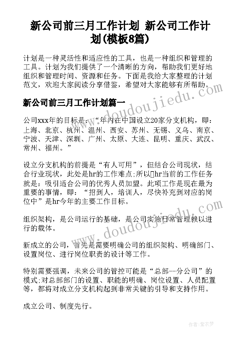 新公司前三月工作计划 新公司工作计划(模板8篇)