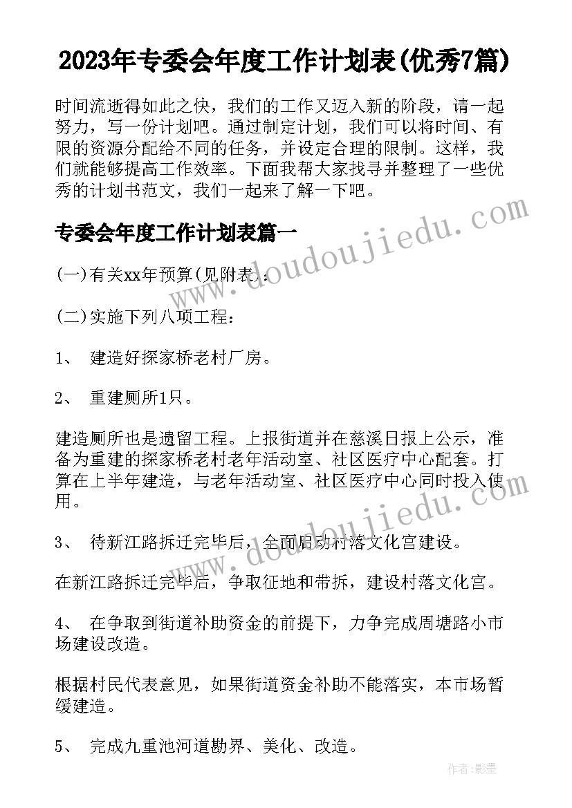 2023年专委会年度工作计划表(优秀7篇)