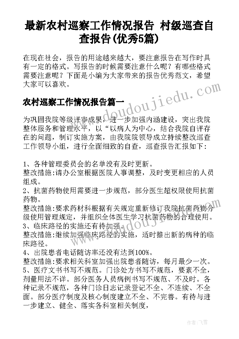 最新农村巡察工作情况报告 村级巡查自查报告(优秀5篇)