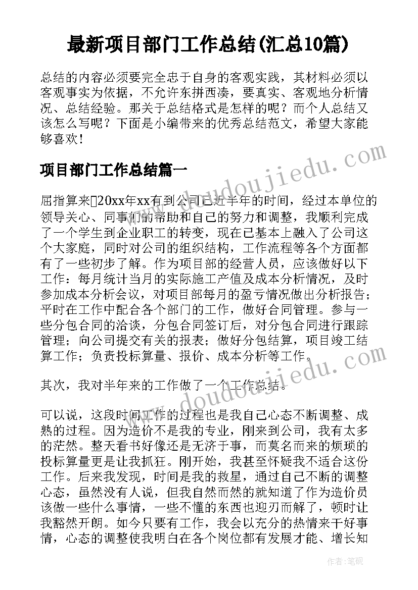 最新项目部门工作总结(汇总10篇)