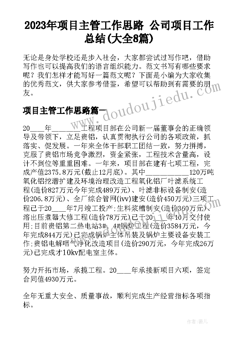 2023年项目主管工作思路 公司项目工作总结(大全8篇)