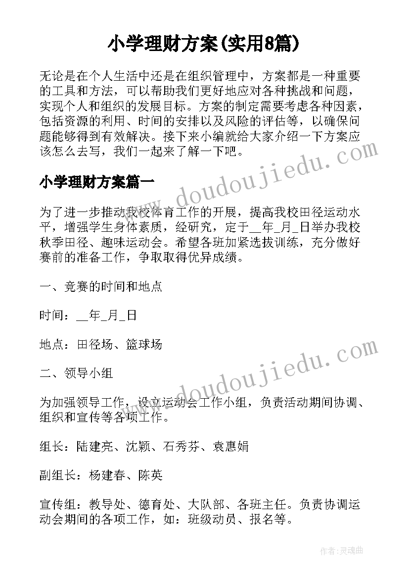 小学理财方案(实用8篇)