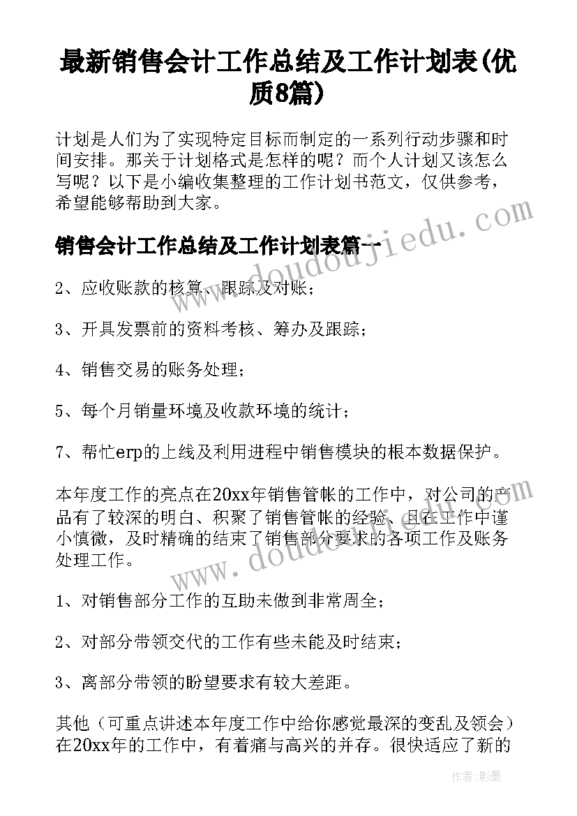 最新销售会计工作总结及工作计划表(优质8篇)