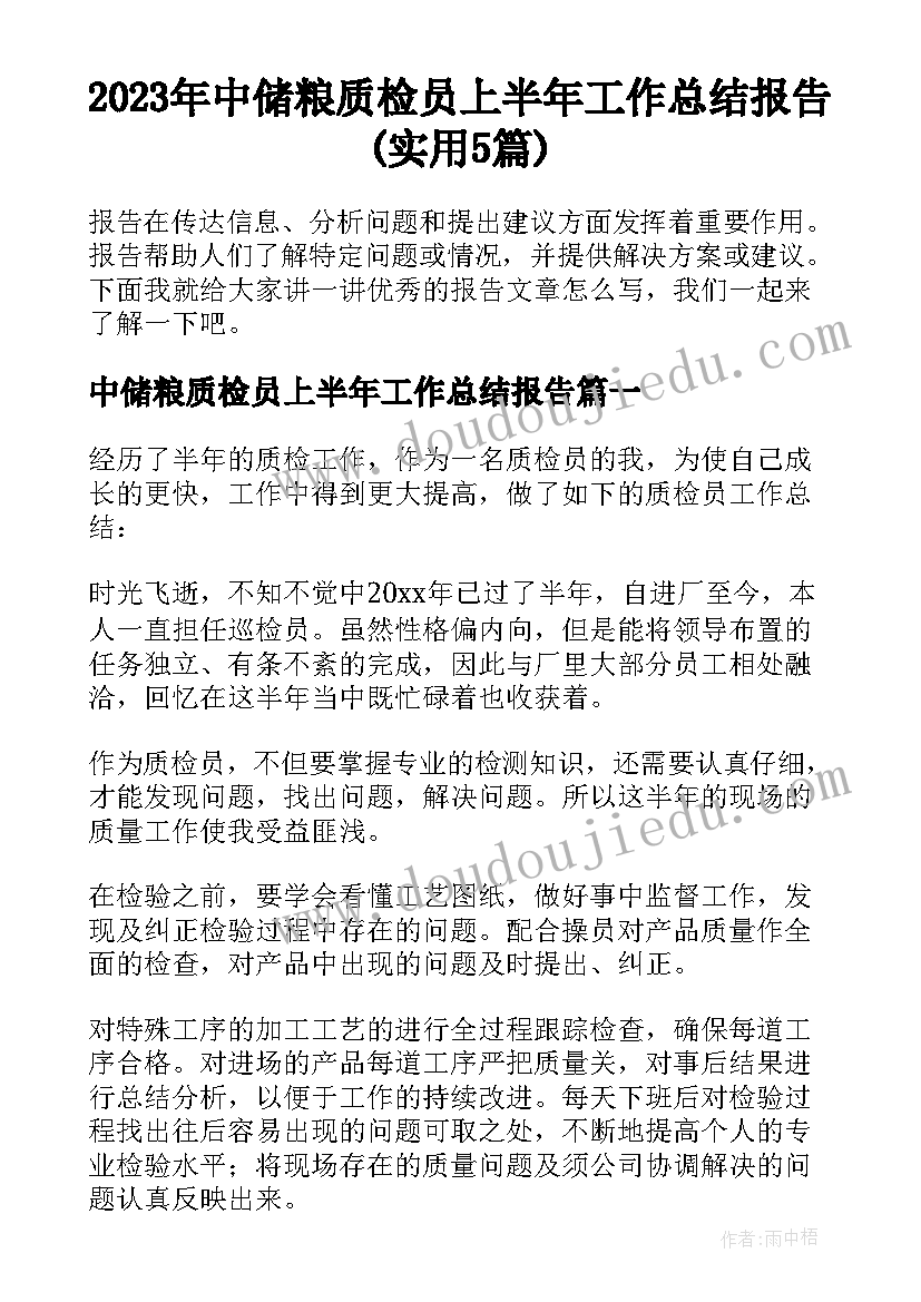 2023年中储粮质检员上半年工作总结报告(实用5篇)