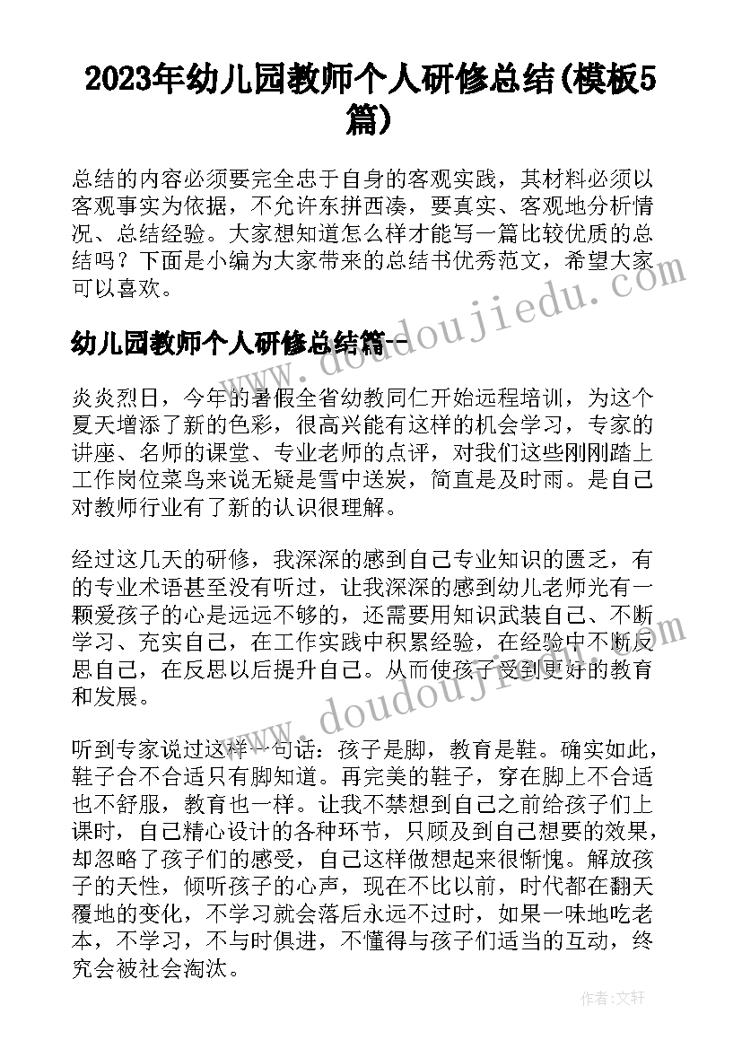 2023年幼儿园教师个人研修总结(模板5篇)