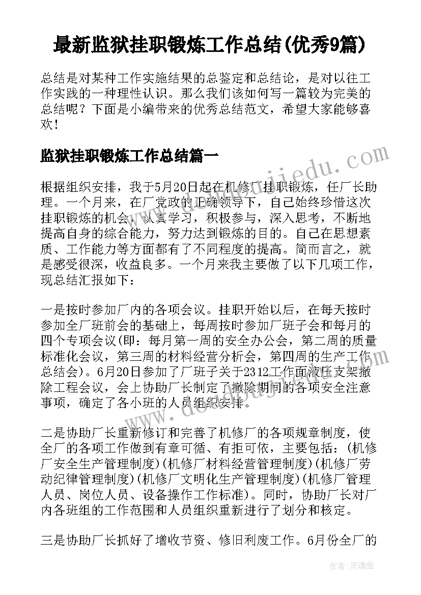 最新监狱挂职锻炼工作总结(优秀9篇)