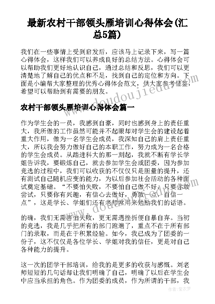 最新农村干部领头雁培训心得体会(汇总5篇)