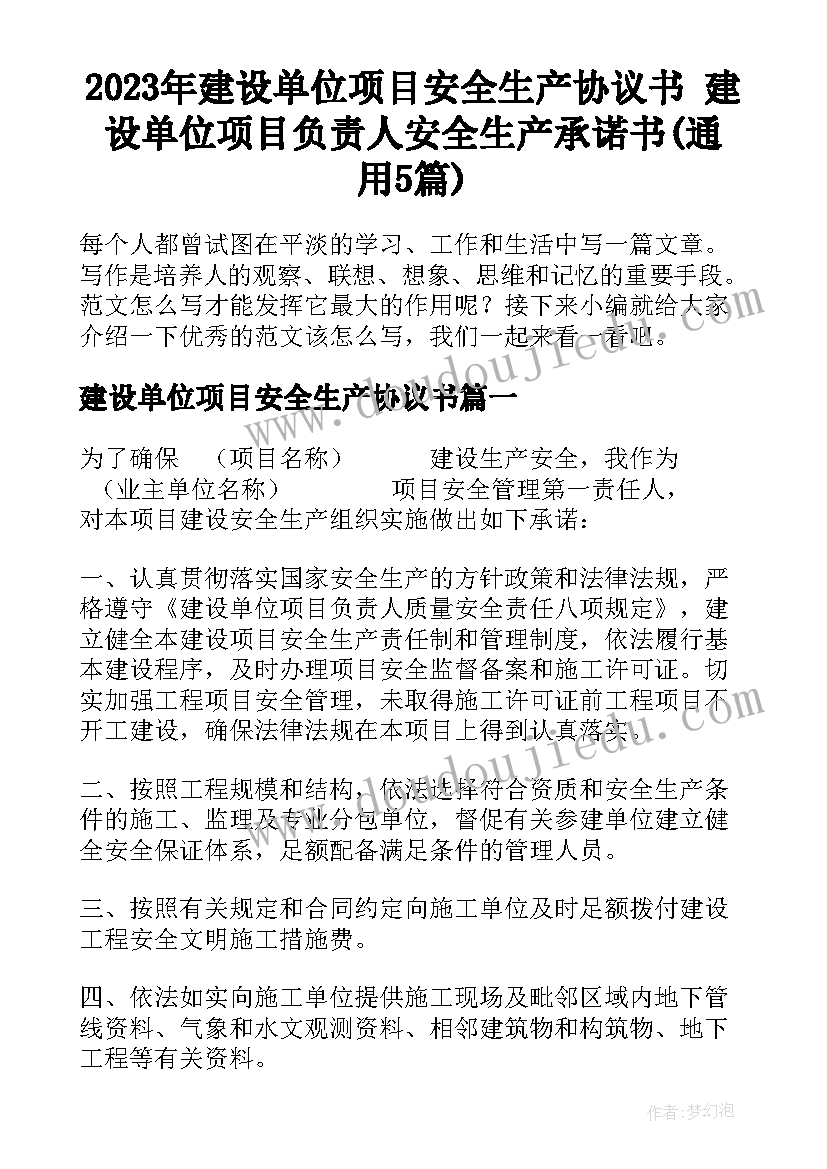 2023年建设单位项目安全生产协议书 建设单位项目负责人安全生产承诺书(通用5篇)