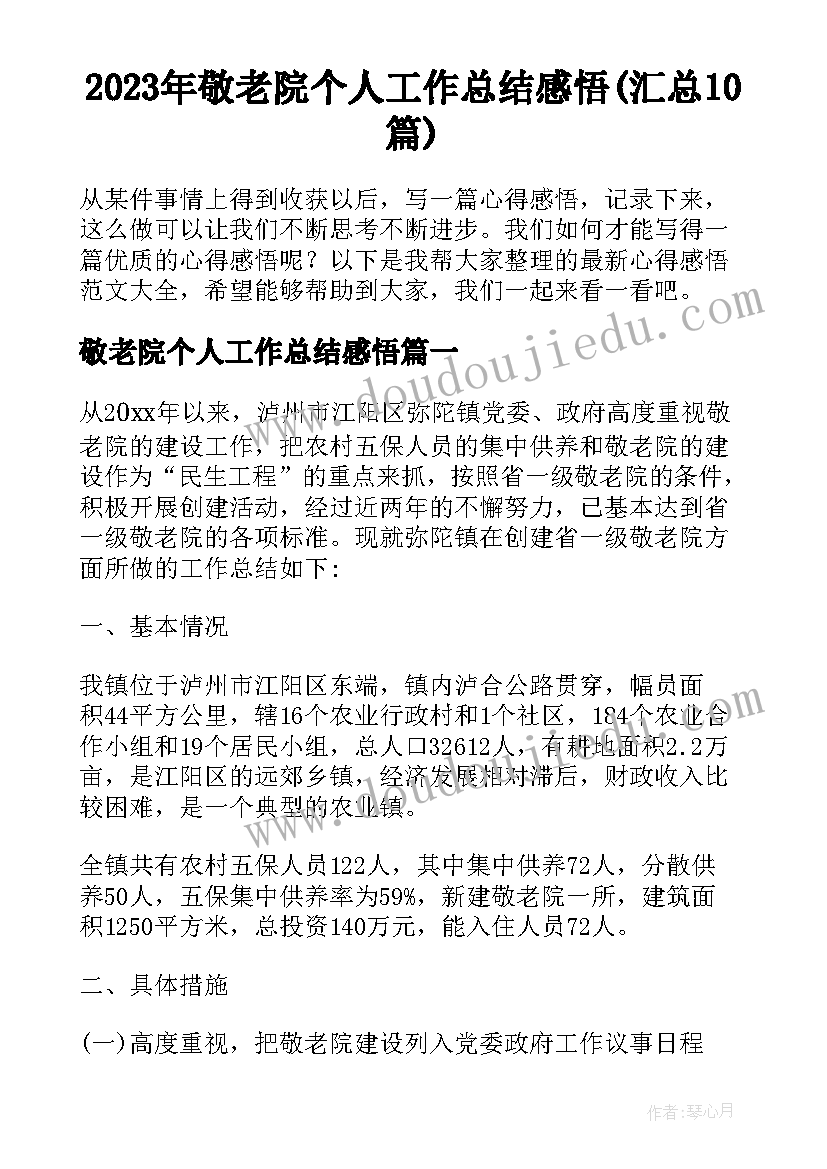 2023年敬老院个人工作总结感悟(汇总10篇)