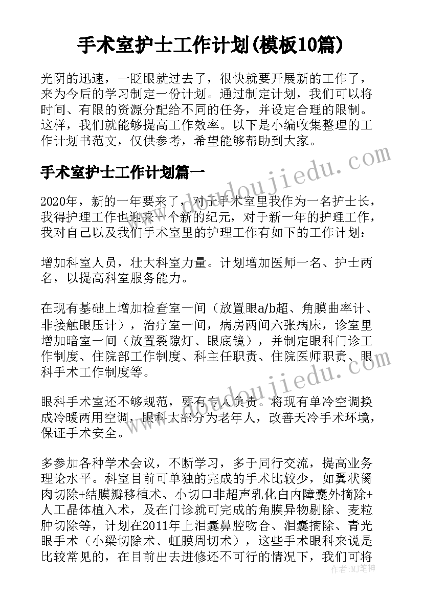 手术室护士工作计划(模板10篇)