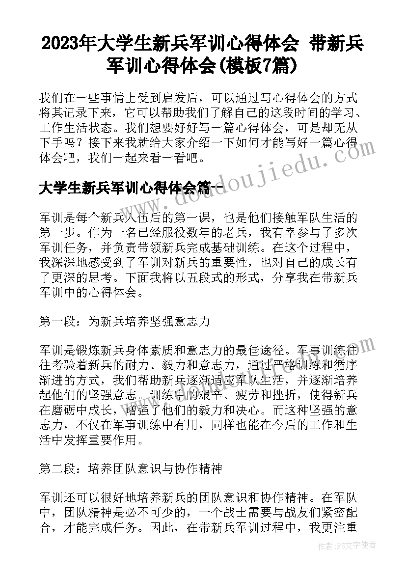 2023年大学生新兵军训心得体会 带新兵军训心得体会(模板7篇)