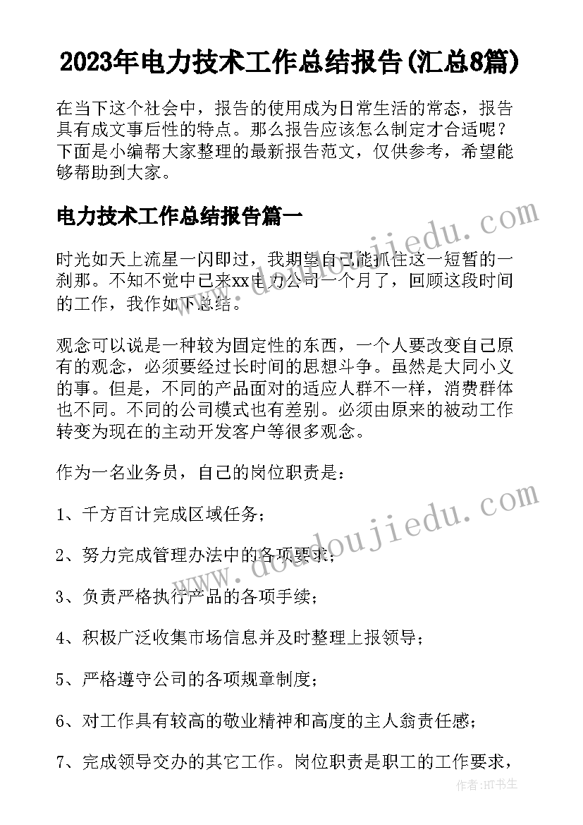 2023年电力技术工作总结报告(汇总8篇)