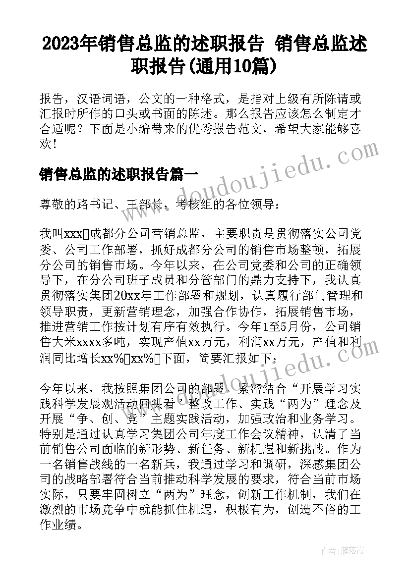 2023年销售总监的述职报告 销售总监述职报告(通用10篇)