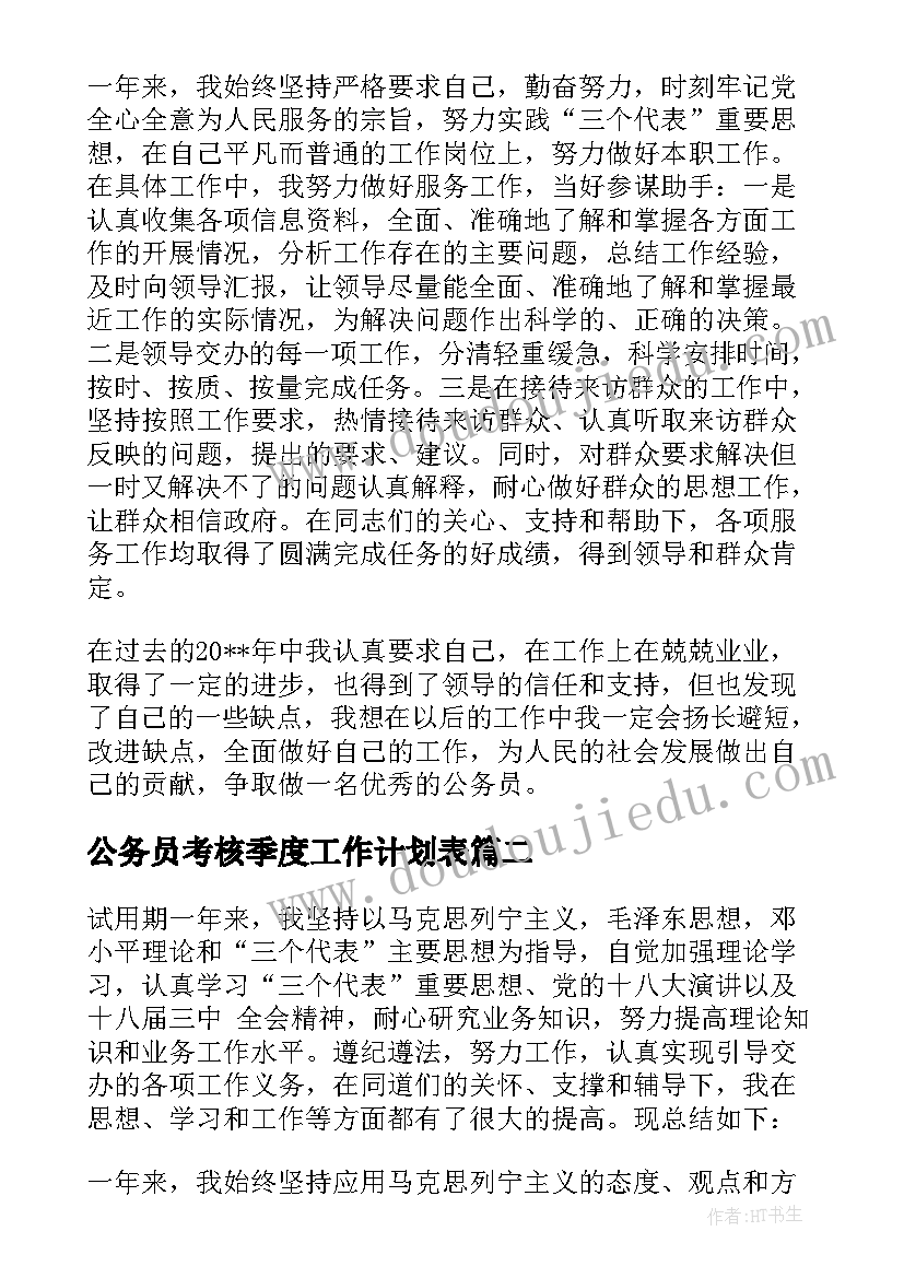 最新公务员考核季度工作计划表(大全5篇)