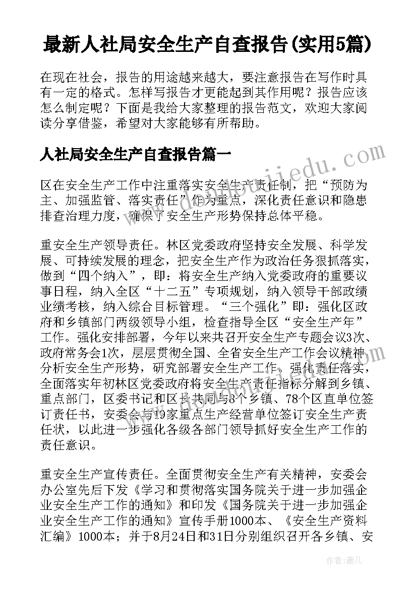 最新人社局安全生产自查报告(实用5篇)