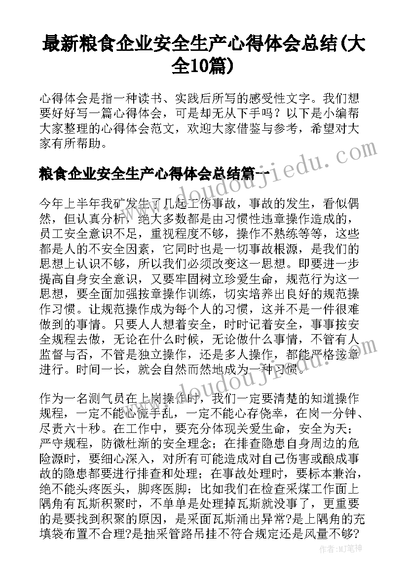 最新粮食企业安全生产心得体会总结(大全10篇)