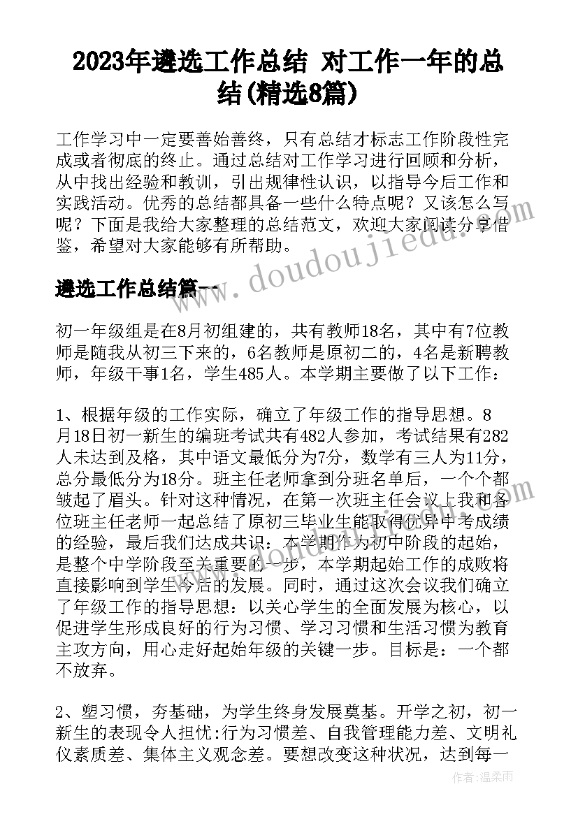 2023年遴选工作总结 对工作一年的总结(精选8篇)