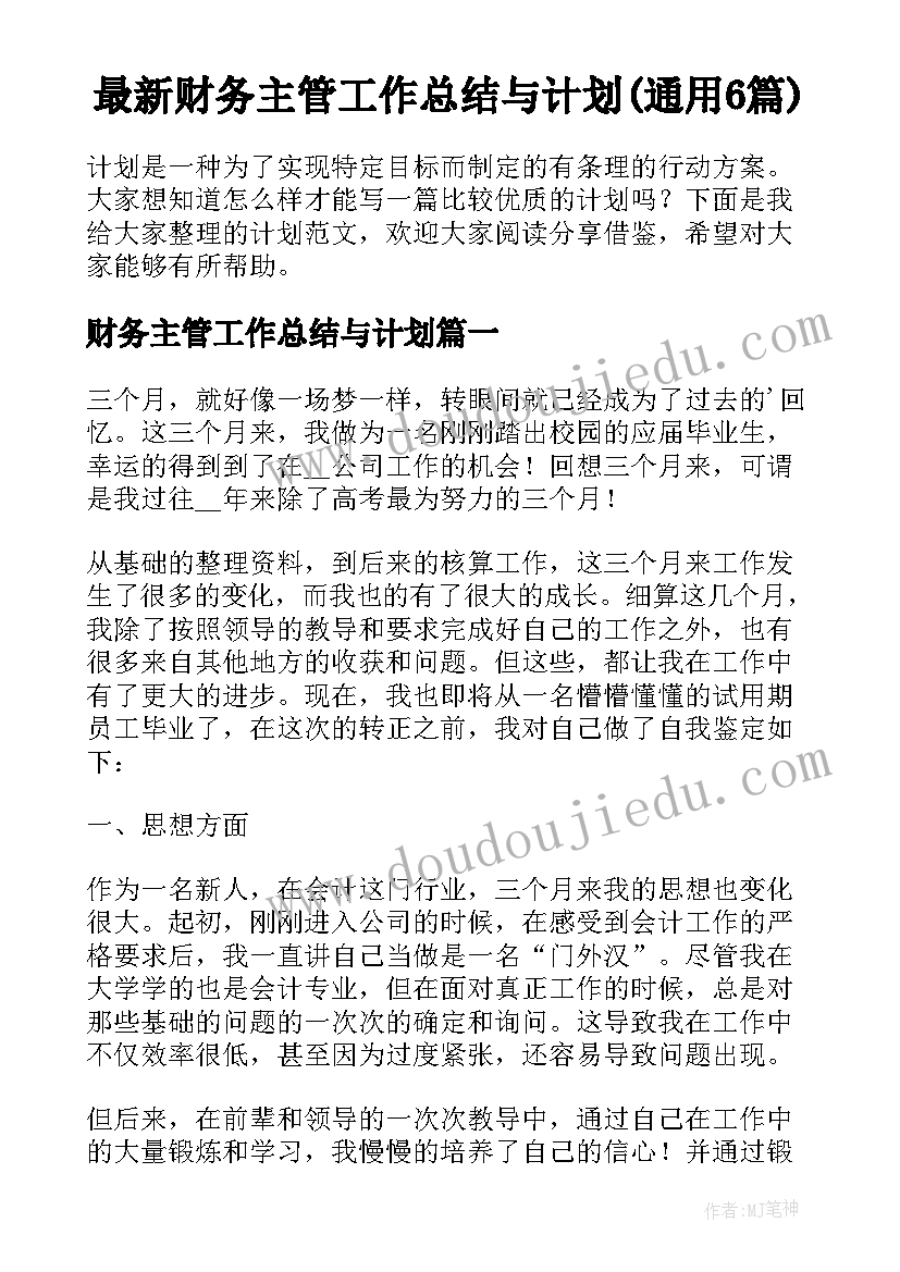 最新财务主管工作总结与计划(通用6篇)