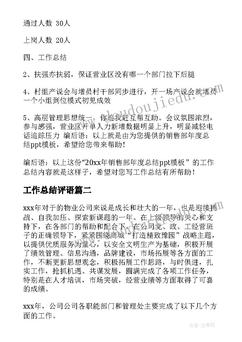 最新工作总结评语(模板6篇)