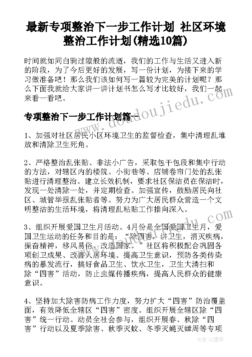 最新专项整治下一步工作计划 社区环境整治工作计划(精选10篇)