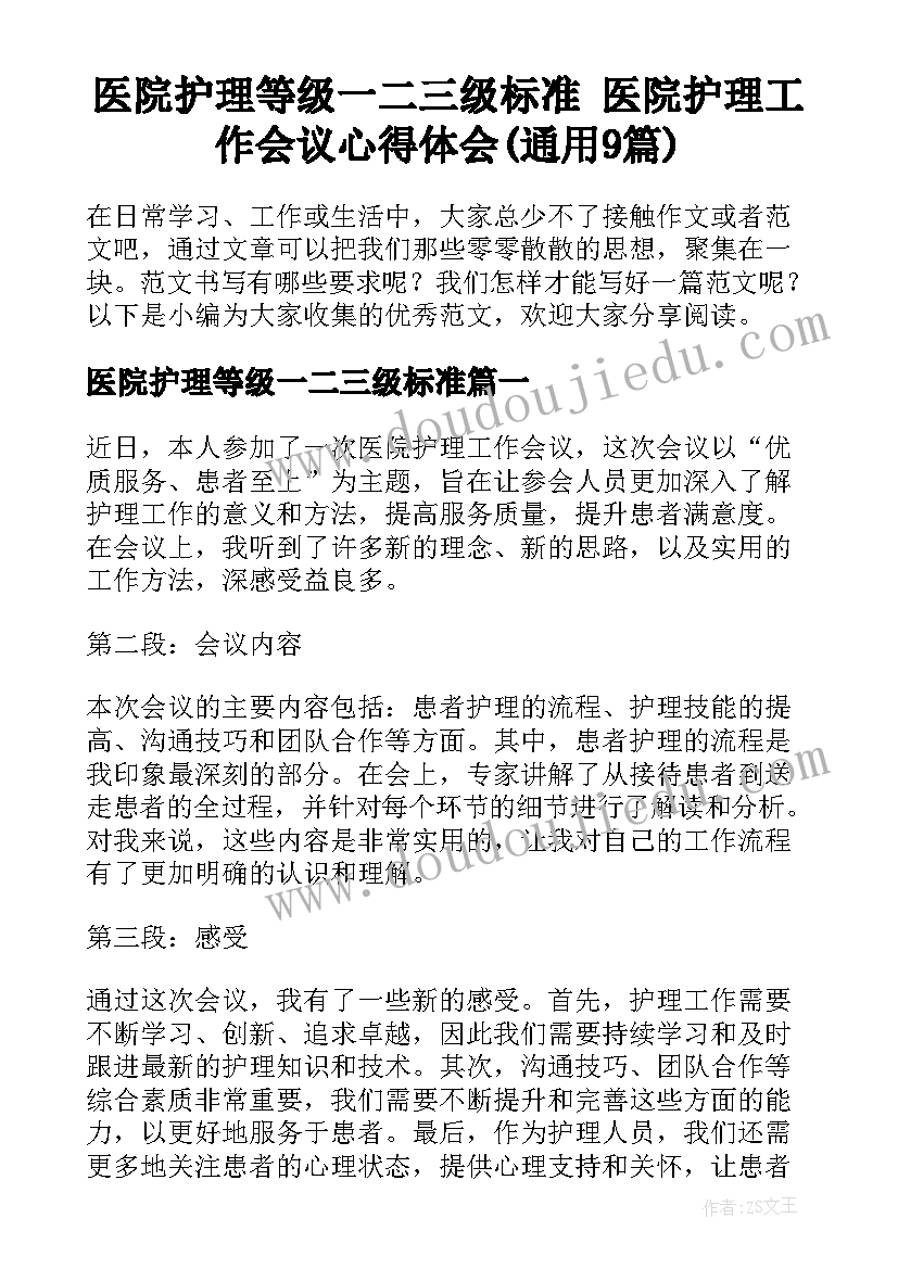 医院护理等级一二三级标准 医院护理工作会议心得体会(通用9篇)