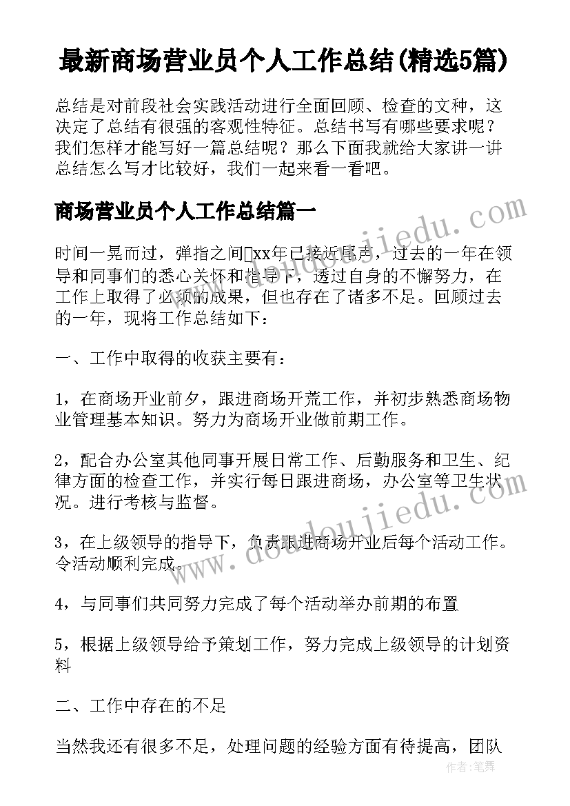 最新商场营业员个人工作总结(精选5篇)