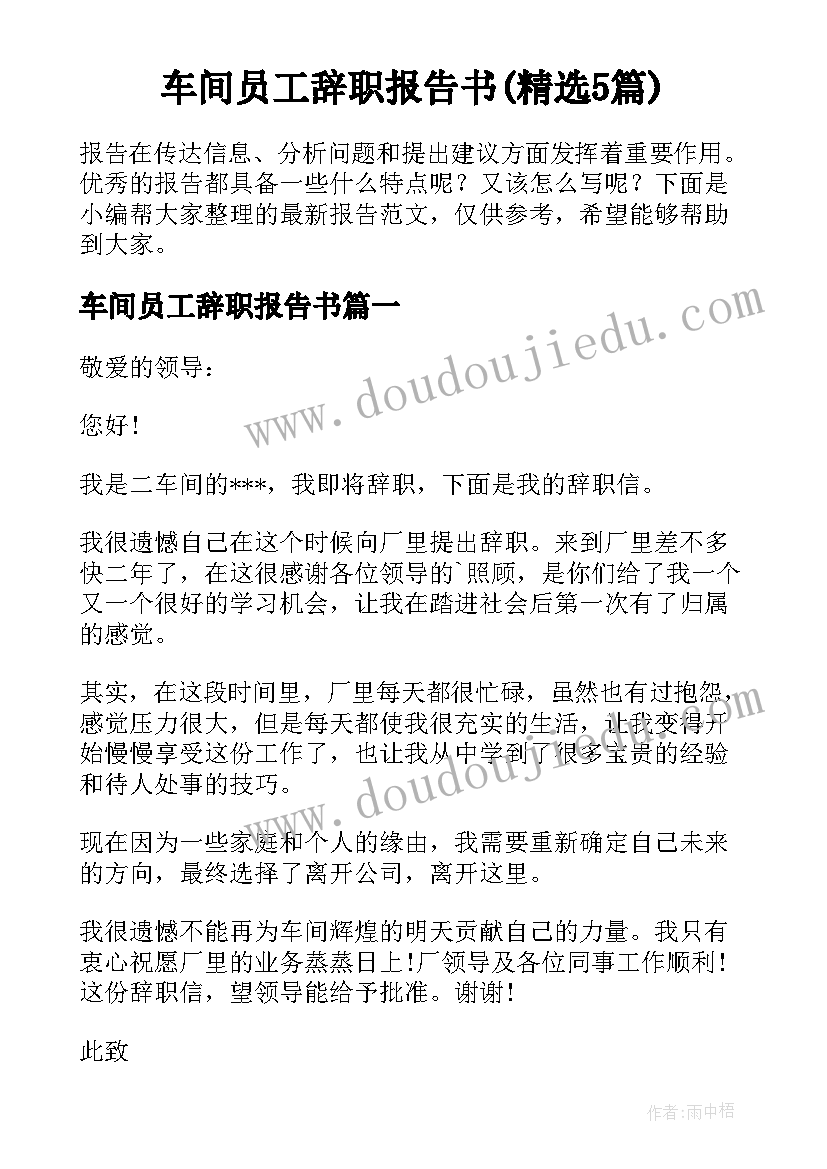 车间员工辞职报告书(精选5篇)