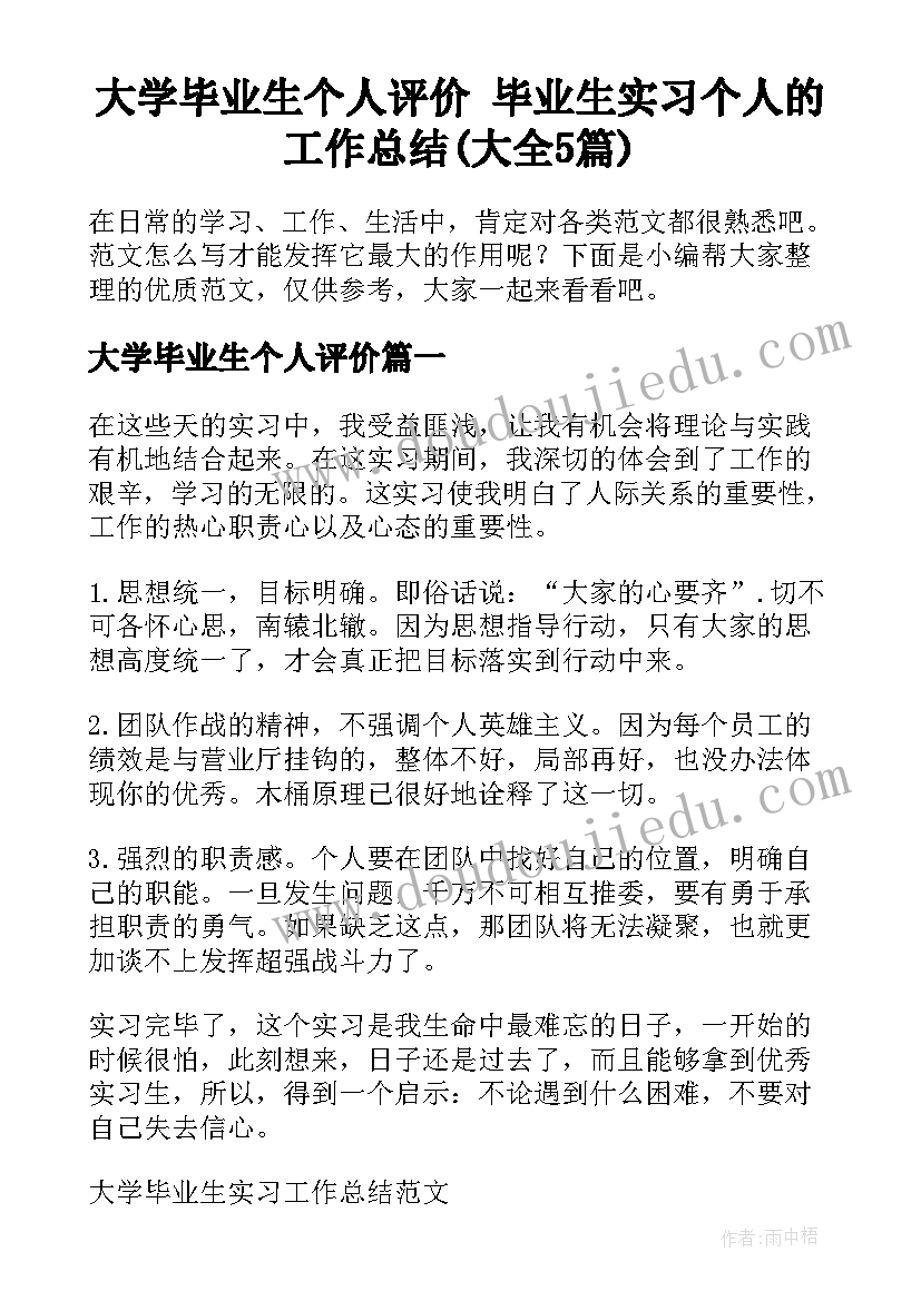 大学毕业生个人评价 毕业生实习个人的工作总结(大全5篇)