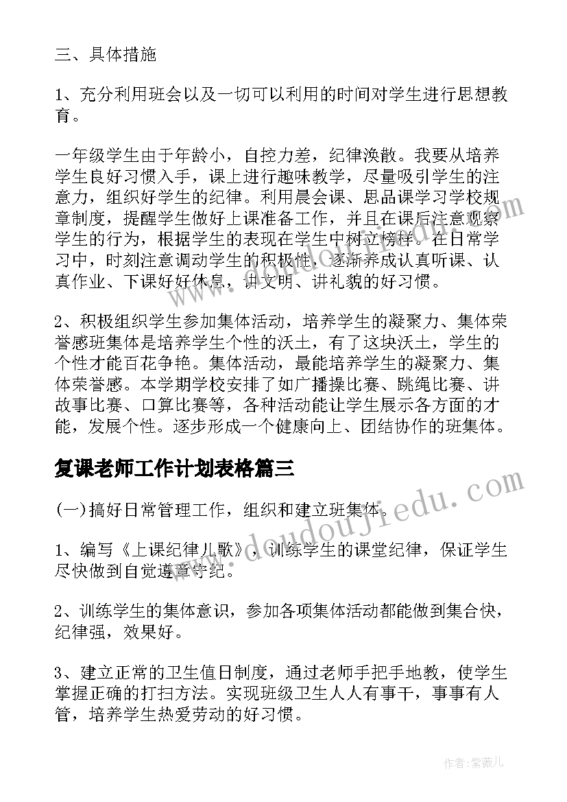 2023年复课老师工作计划表格(通用5篇)