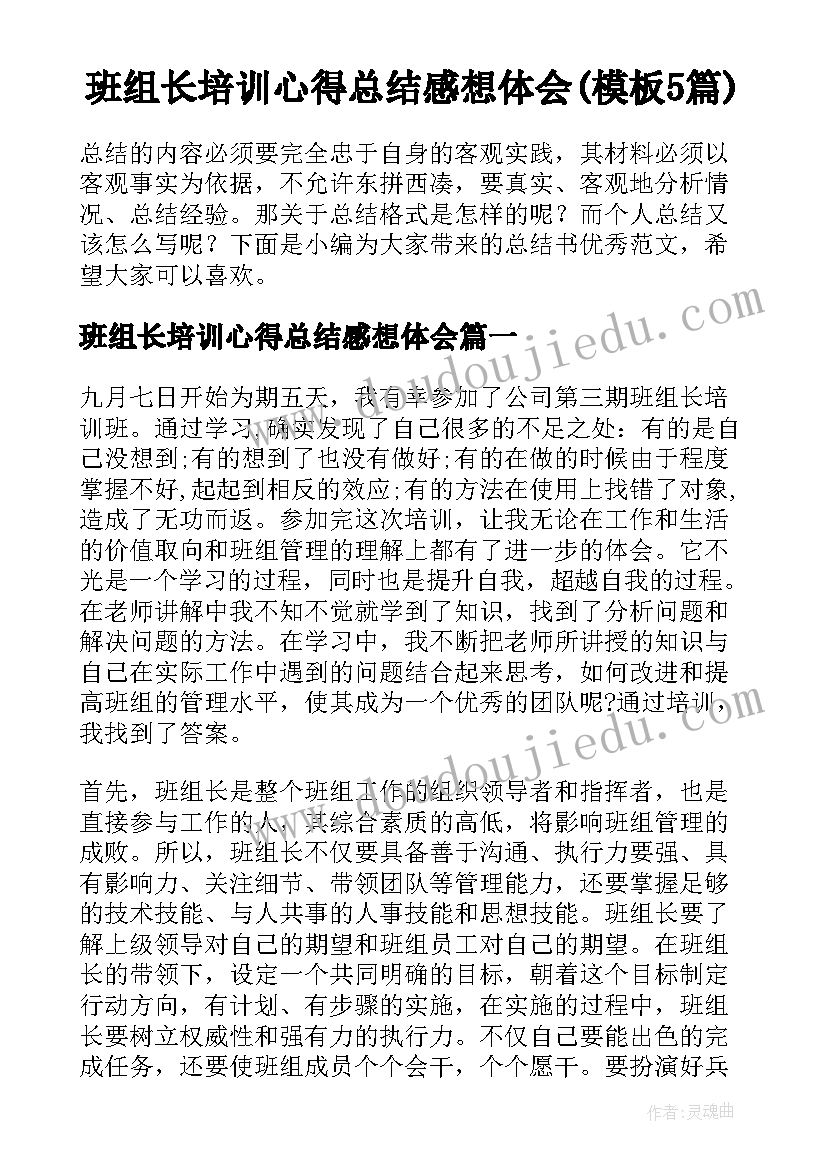 班组长培训心得总结感想体会(模板5篇)