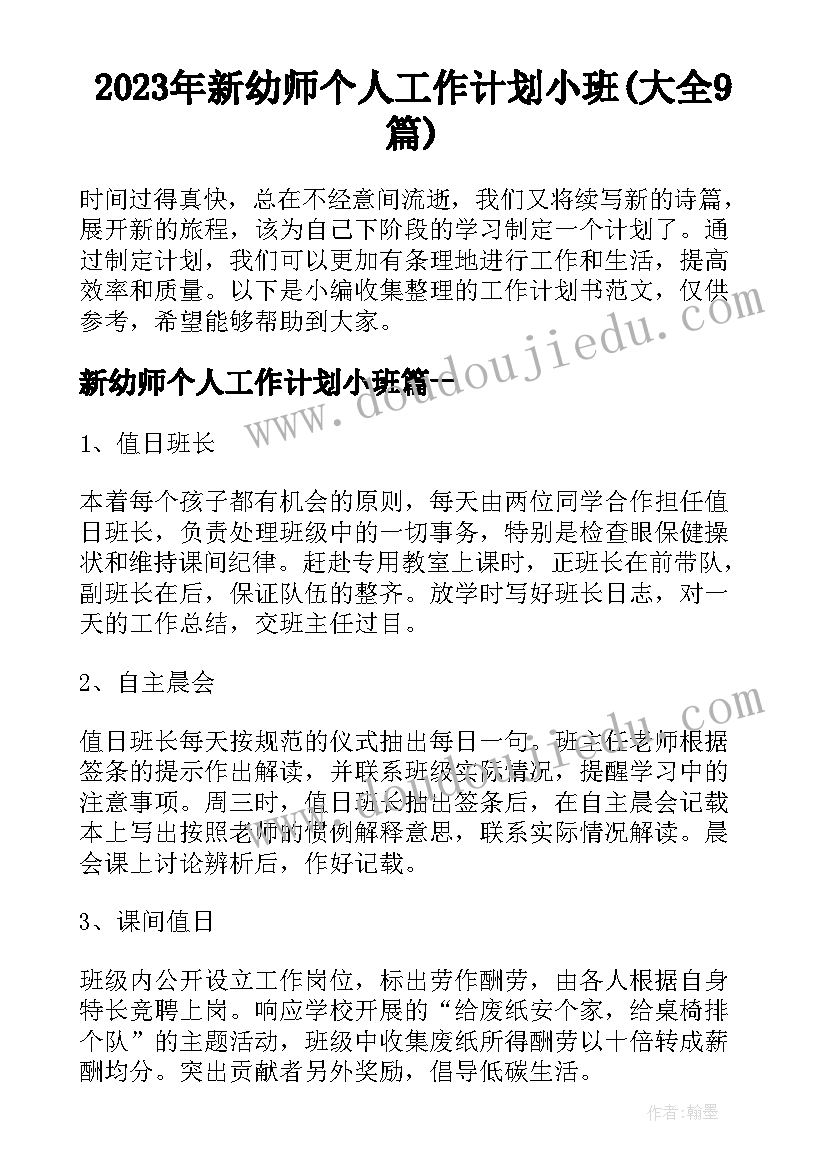 2023年新幼师个人工作计划小班(大全9篇)