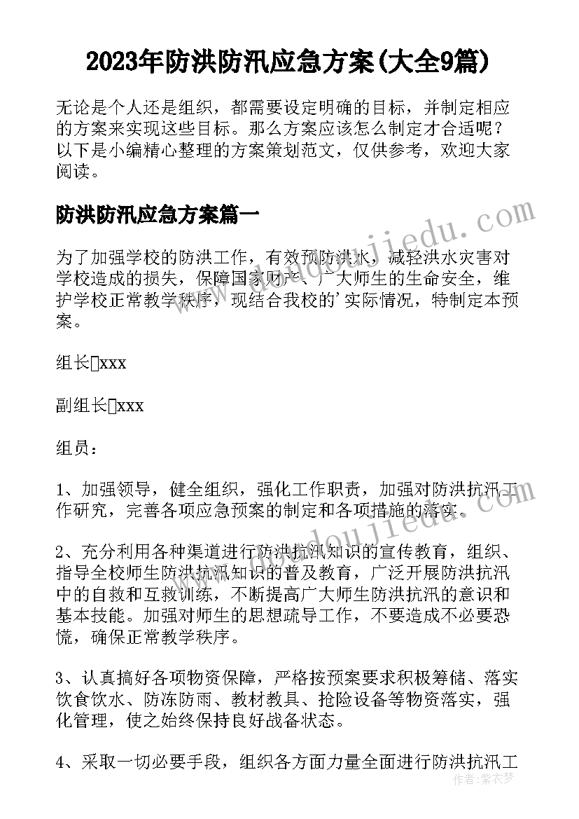 2023年防洪防汛应急方案(大全9篇)