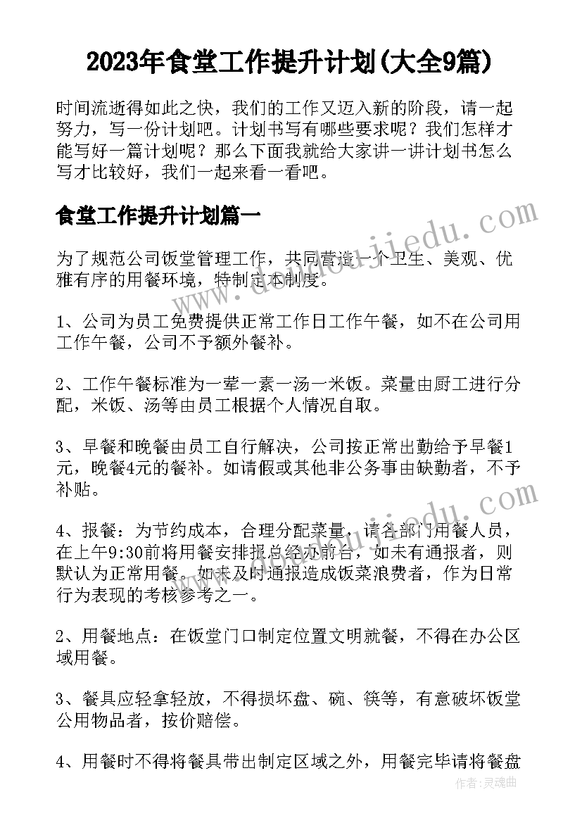 2023年食堂工作提升计划(大全9篇)