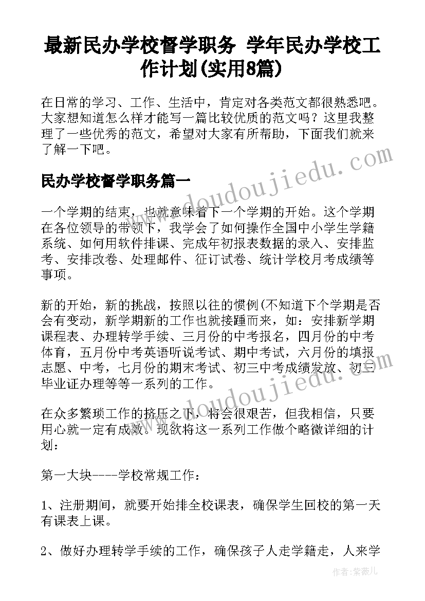 最新民办学校督学职务 学年民办学校工作计划(实用8篇)