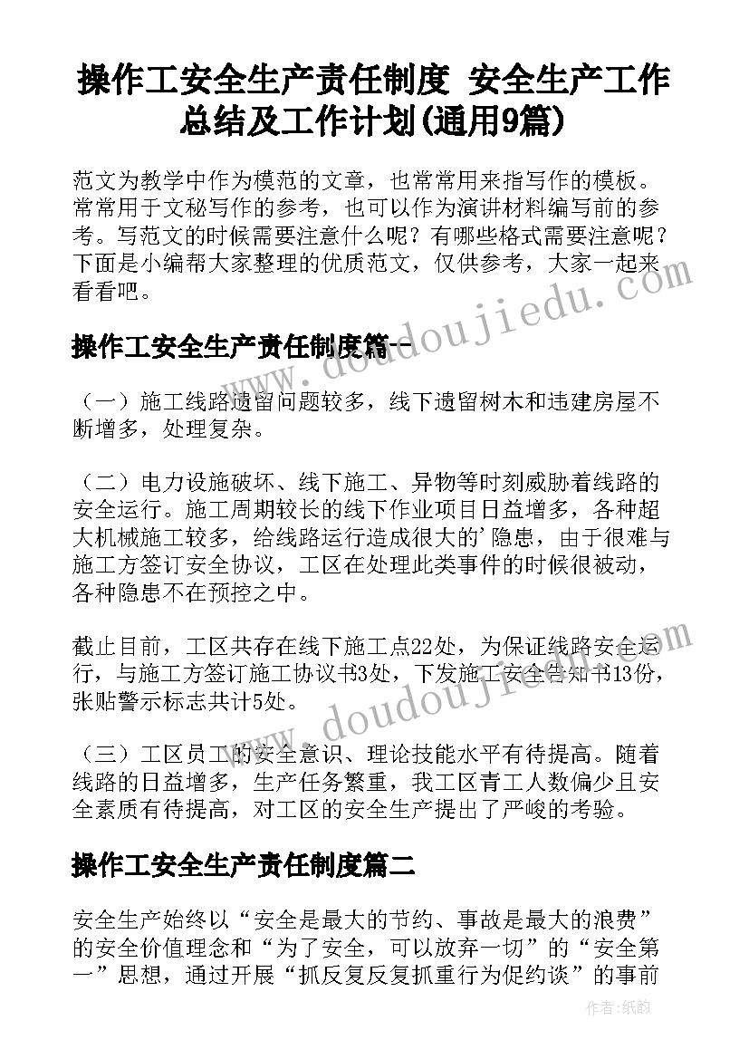 操作工安全生产责任制度 安全生产工作总结及工作计划(通用9篇)