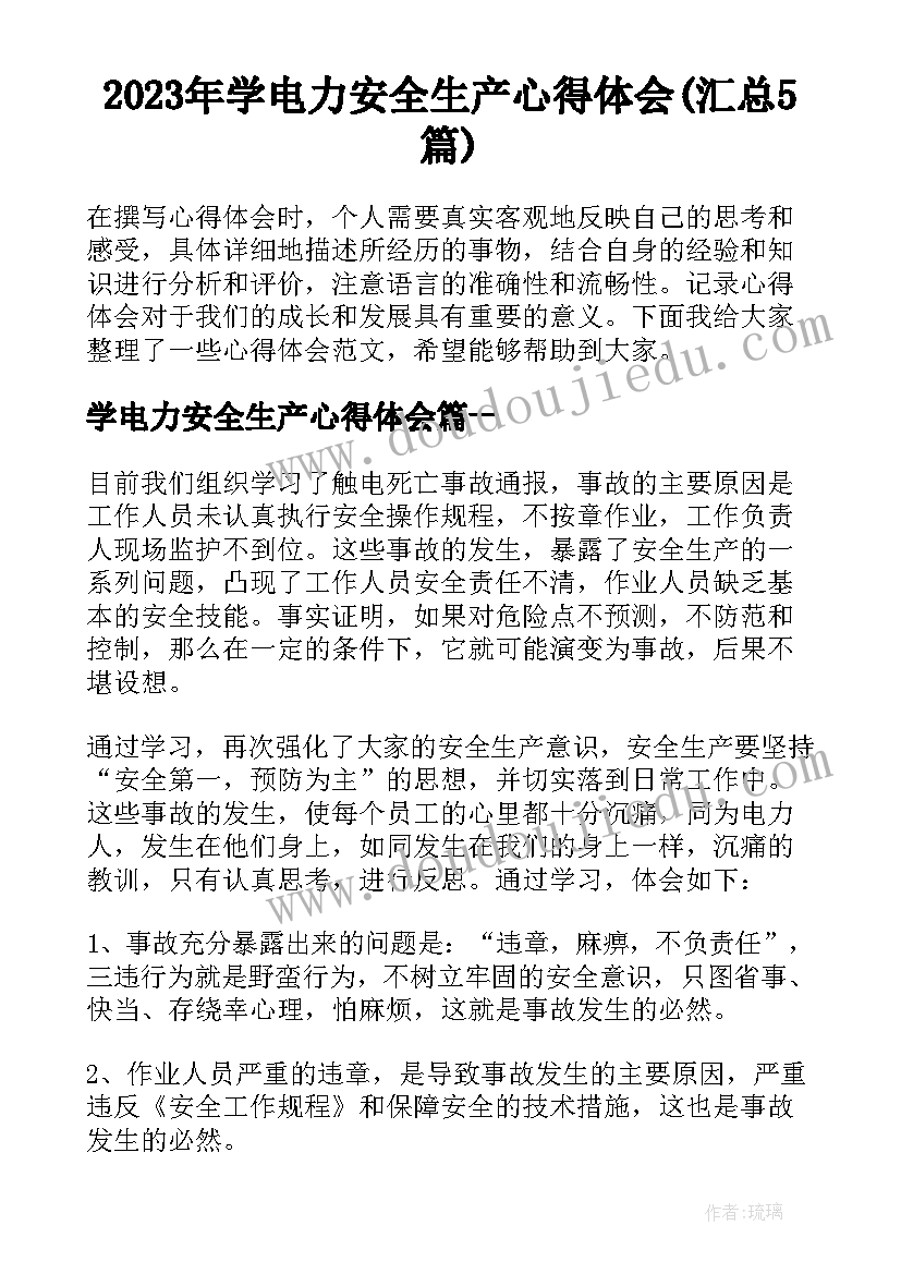 2023年学电力安全生产心得体会(汇总5篇)