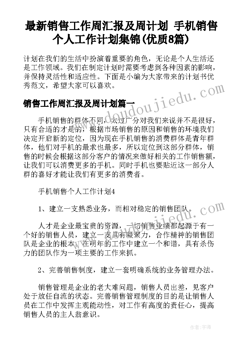 最新销售工作周汇报及周计划 手机销售个人工作计划集锦(优质8篇)