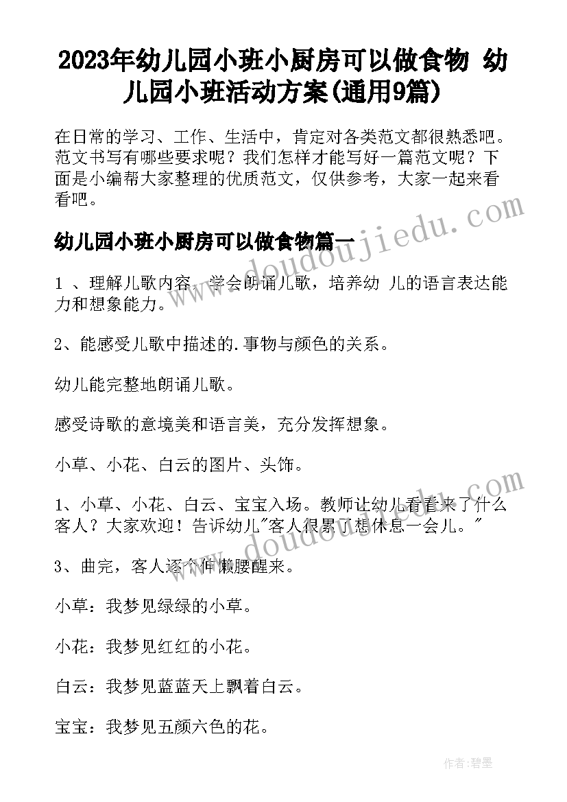 2023年幼儿园小班小厨房可以做食物 幼儿园小班活动方案(通用9篇)