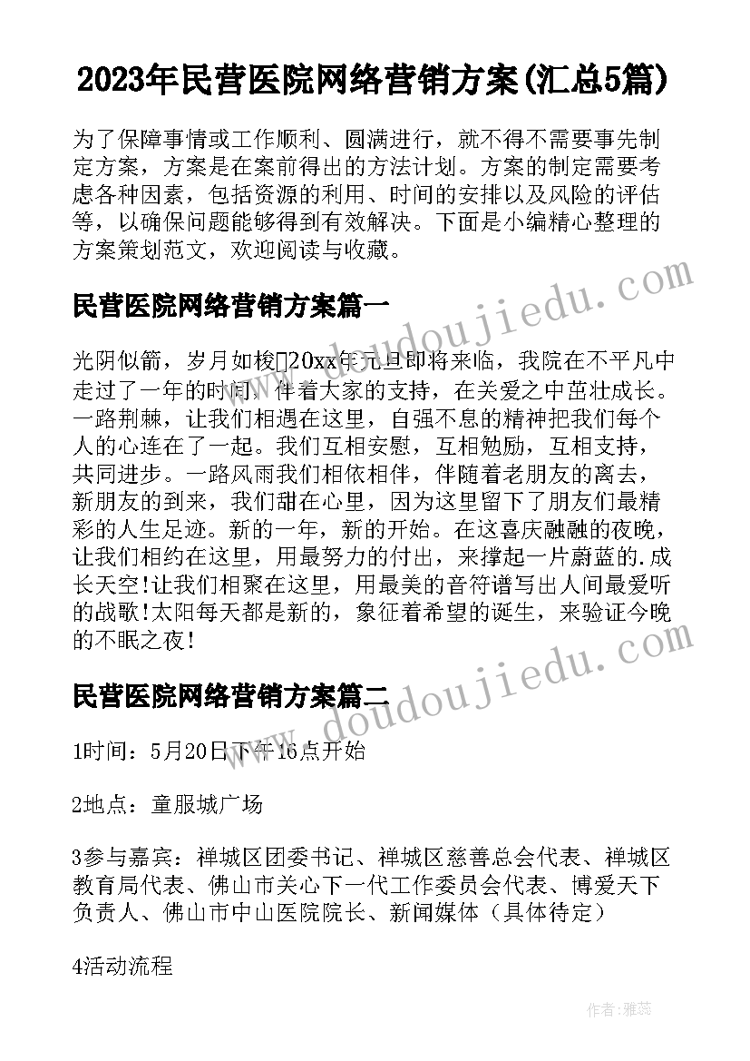 2023年民营医院网络营销方案(汇总5篇)