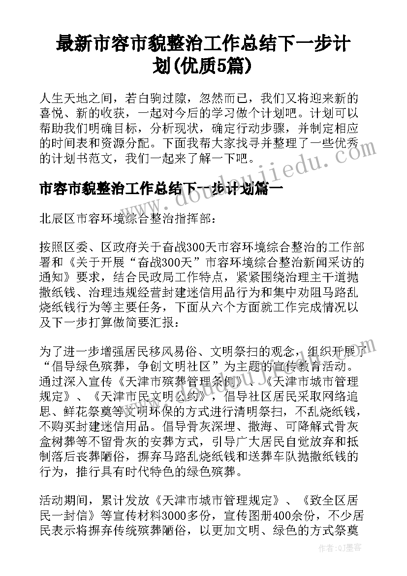 最新市容市貌整治工作总结下一步计划(优质5篇)