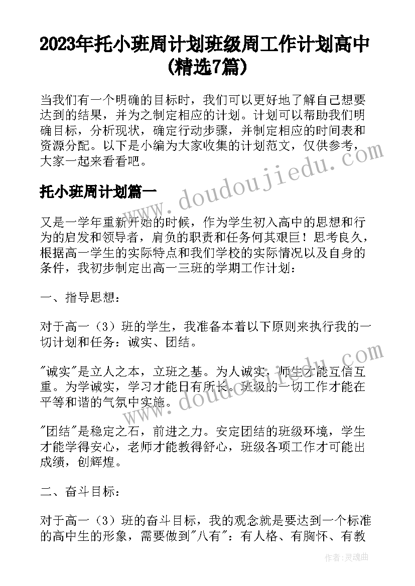 2023年托小班周计划 班级周工作计划高中(精选7篇)