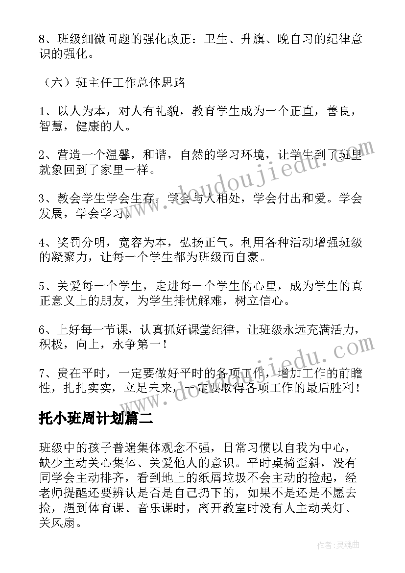 2023年托小班周计划 班级周工作计划高中(精选7篇)