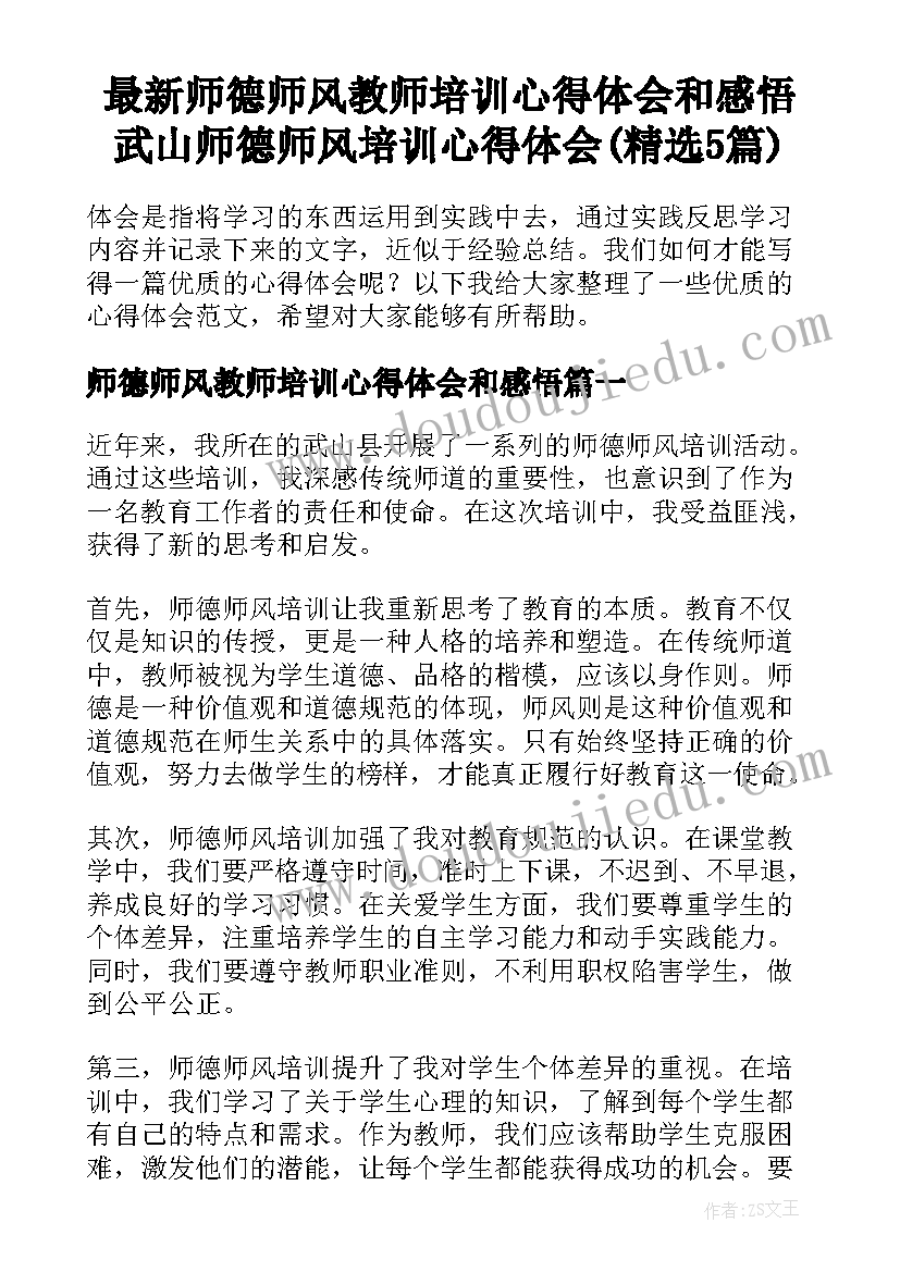 最新师德师风教师培训心得体会和感悟 武山师德师风培训心得体会(精选5篇)