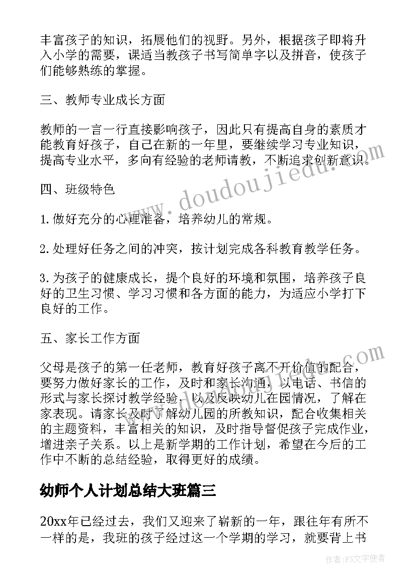 2023年幼师个人计划总结大班(汇总6篇)