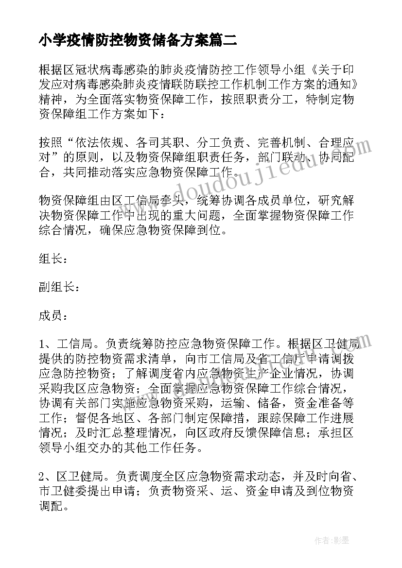 小学疫情防控物资储备方案 医院疫情防控物资储备方案(通用5篇)