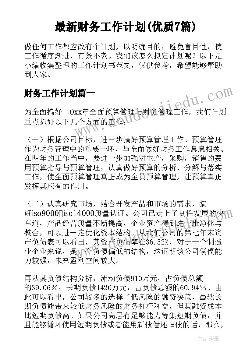 最新财务工作计划(优质7篇)