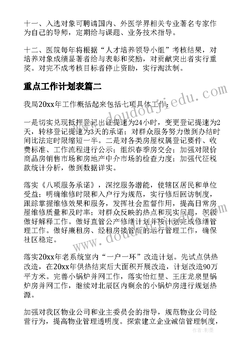 重点工作计划表(优秀6篇)