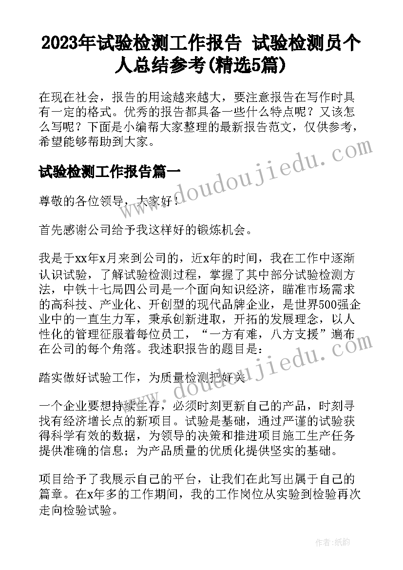 2023年试验检测工作报告 试验检测员个人总结参考(精选5篇)